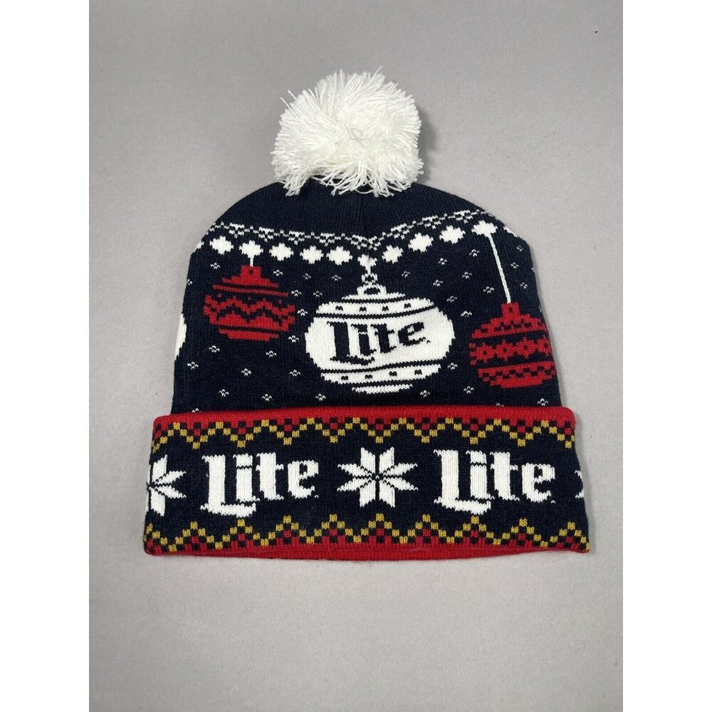 Miller Lite Beer Knit Holiday Stocking Cap Hat Ugly Christmas Sweater Theme